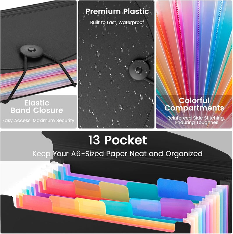 RIEJIN 13 Pocket A6 Receipt Organizer, 2 Pack Small Accordion File Organizer, Coupon Organizer with Labels - Clear and Black - Image 3